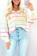 White Striped V Neck Drop Sleeve Acrylic Sweater