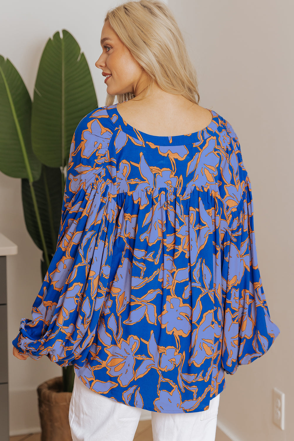 Blue Floral Print Batwing Sleeve Buttoned Shirt