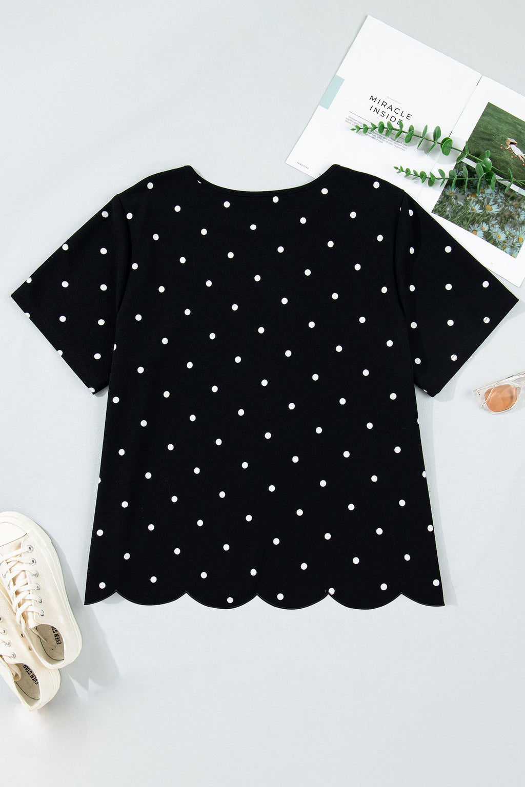 Black Polka Dot Short Sleeve T-Shirt with Scallop Hem Detail - Image 3
