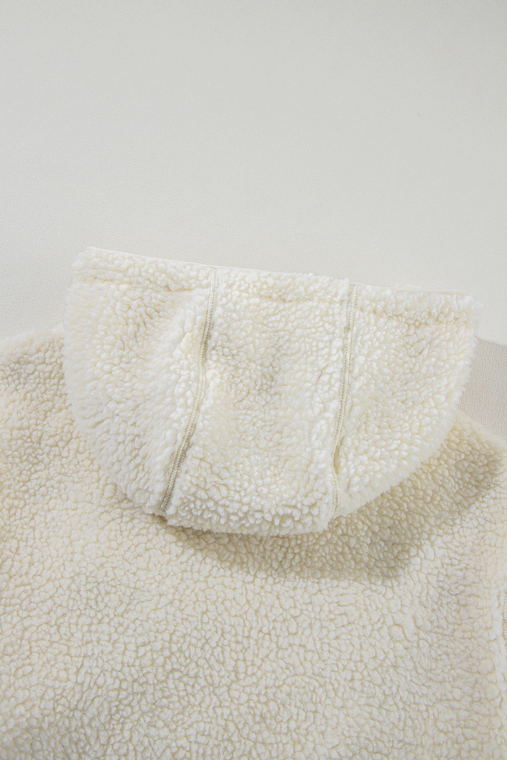 Beige Fleece Zip Up Hooded Jacket with Drawstring & Pockets