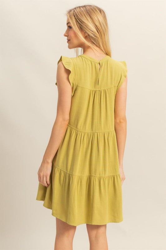 Olive Green Round Neck Tiered Dress with Ruffle Sleeves