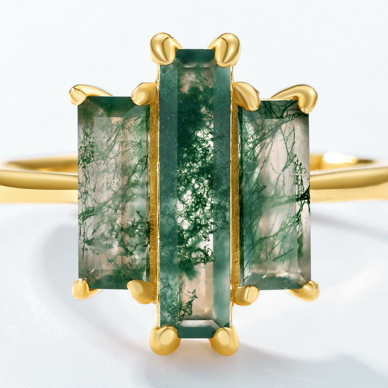 Statement Bold Natural Green Moss Agate Index Finger S925 Silver-Inlaid Aquamarine Agate Ring