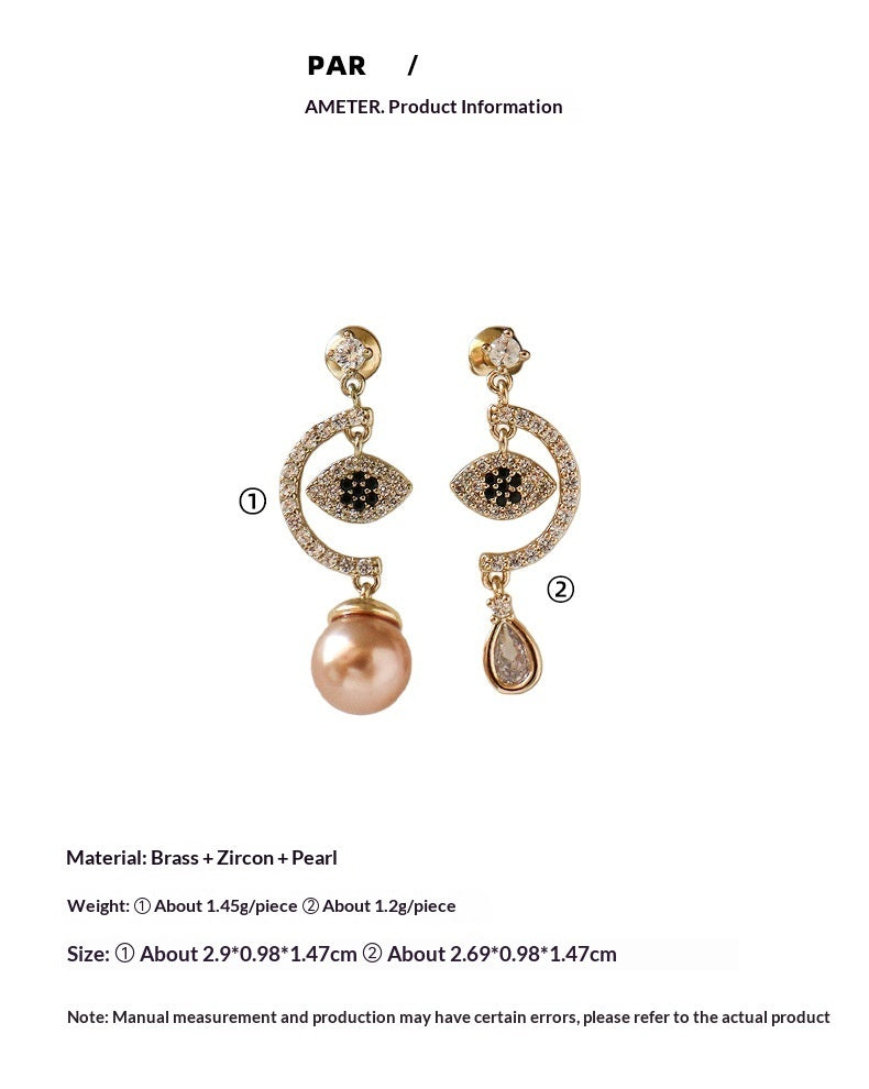 Asymmetric Micro-Set Zircon Evil Eye Earrings