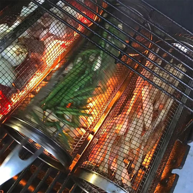 Rolling Grilling Basket Stainless Steel BBQ Cylinder for Veggies