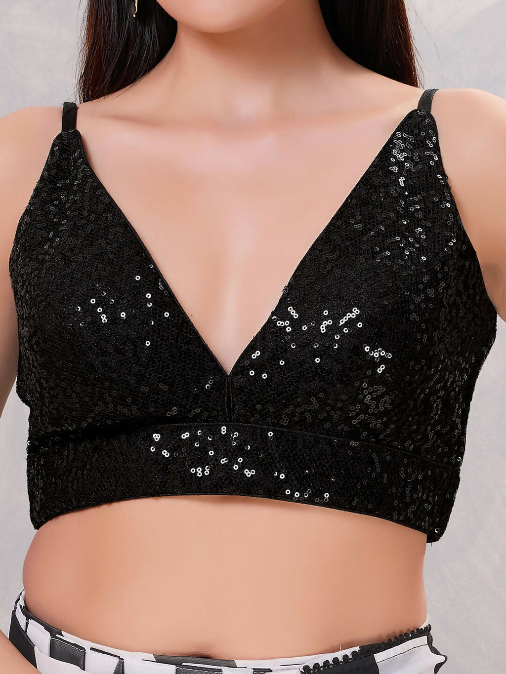 Women's Black Sequin V-Neck Stitched Blouse