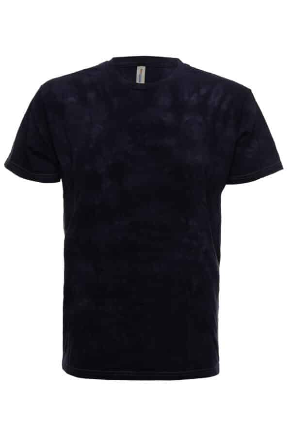 A navy blue tie-dye crew neck t-shirt with subtle cloud-like ocean patterns displayed on a white background.