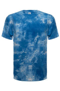 A blue and white cloud wash tie-dye short sleeve crew neck t-shirt on a plain white background.