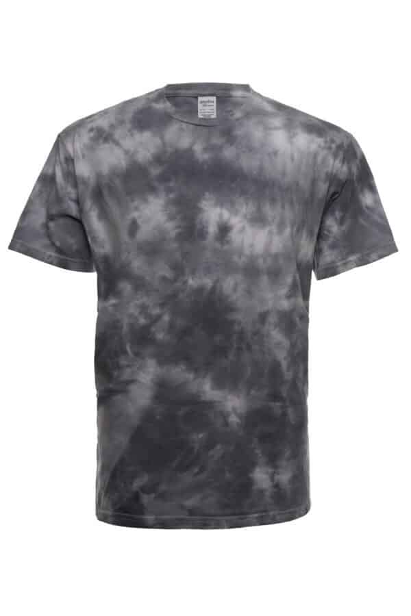 A front view of a grey and white cloud wash tie dye t-shirt against a plain white background.