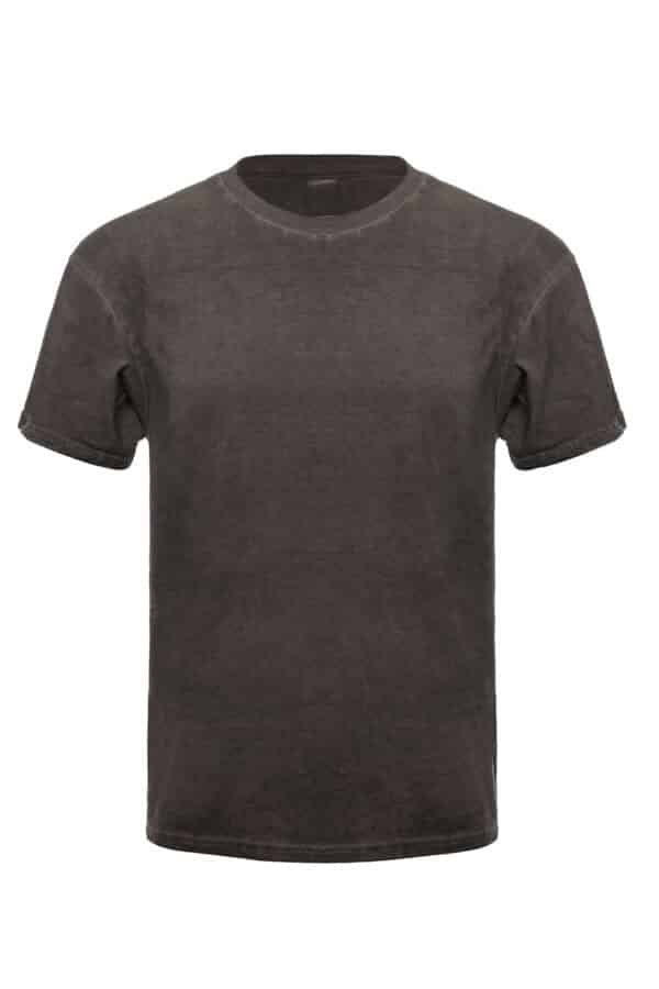 A close up front view of a short-sleeved russet colored oil washed t-shirt with a crew neckline.