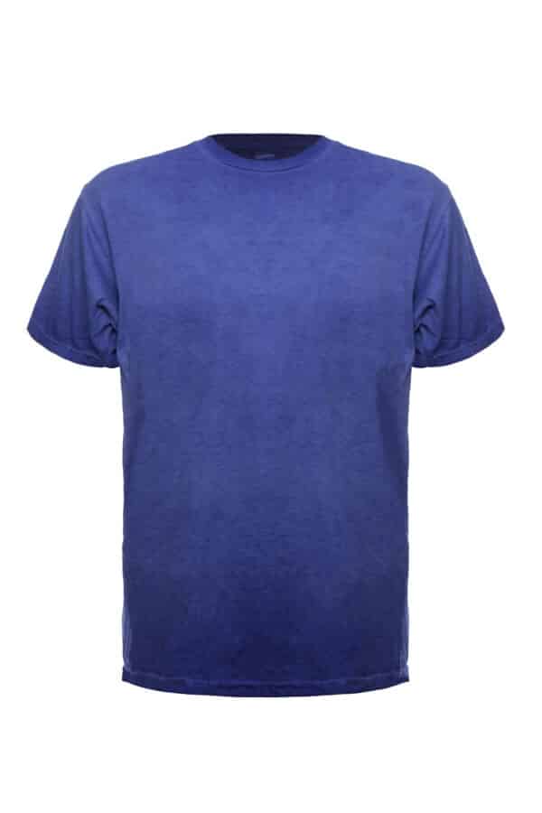 A front view of a blue short sleeve t-shirt with a unique oil wash textured finish.