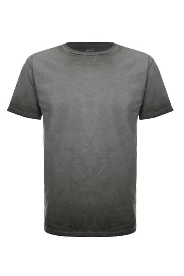 A close-up of a men's oil-wash thyme t-shirt showing the vintage garment-dyed texture and crewneck design.