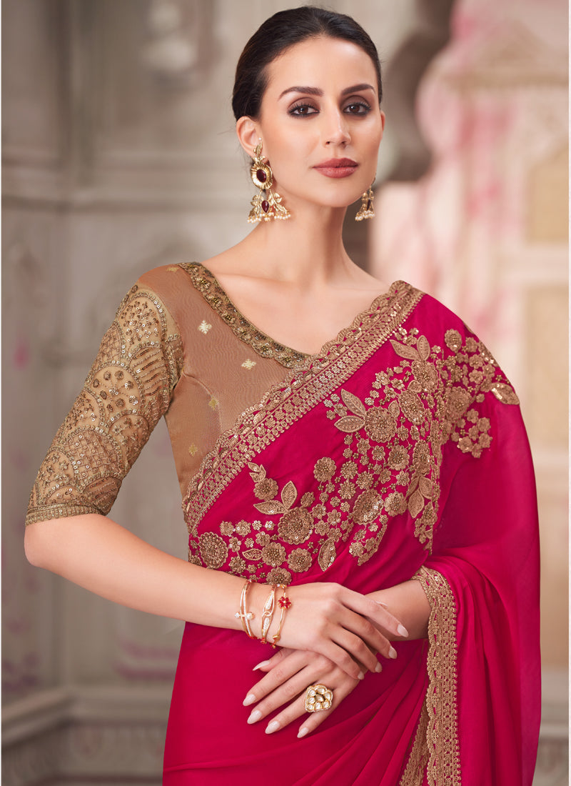 Red Beige Sequence Embroidered Wedding Saree Party Wear