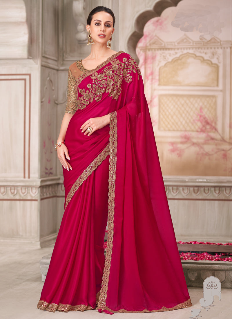 Red and Beige sequence embroidered wedding saree with unstitched blouse