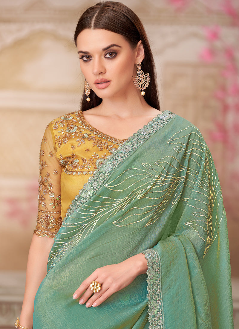 Green and yellow embroidered traditional wedding saree with unstitched blouse