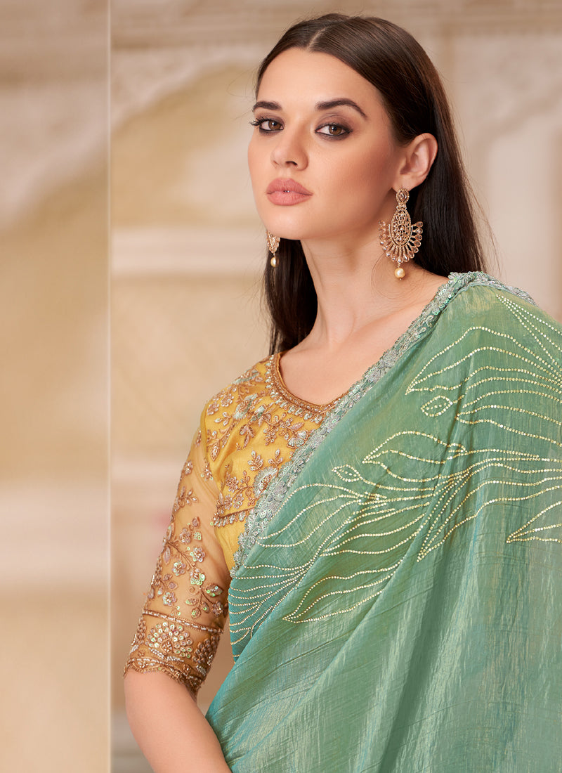 Green Yellow Embroidered Traditional Wedding Saree