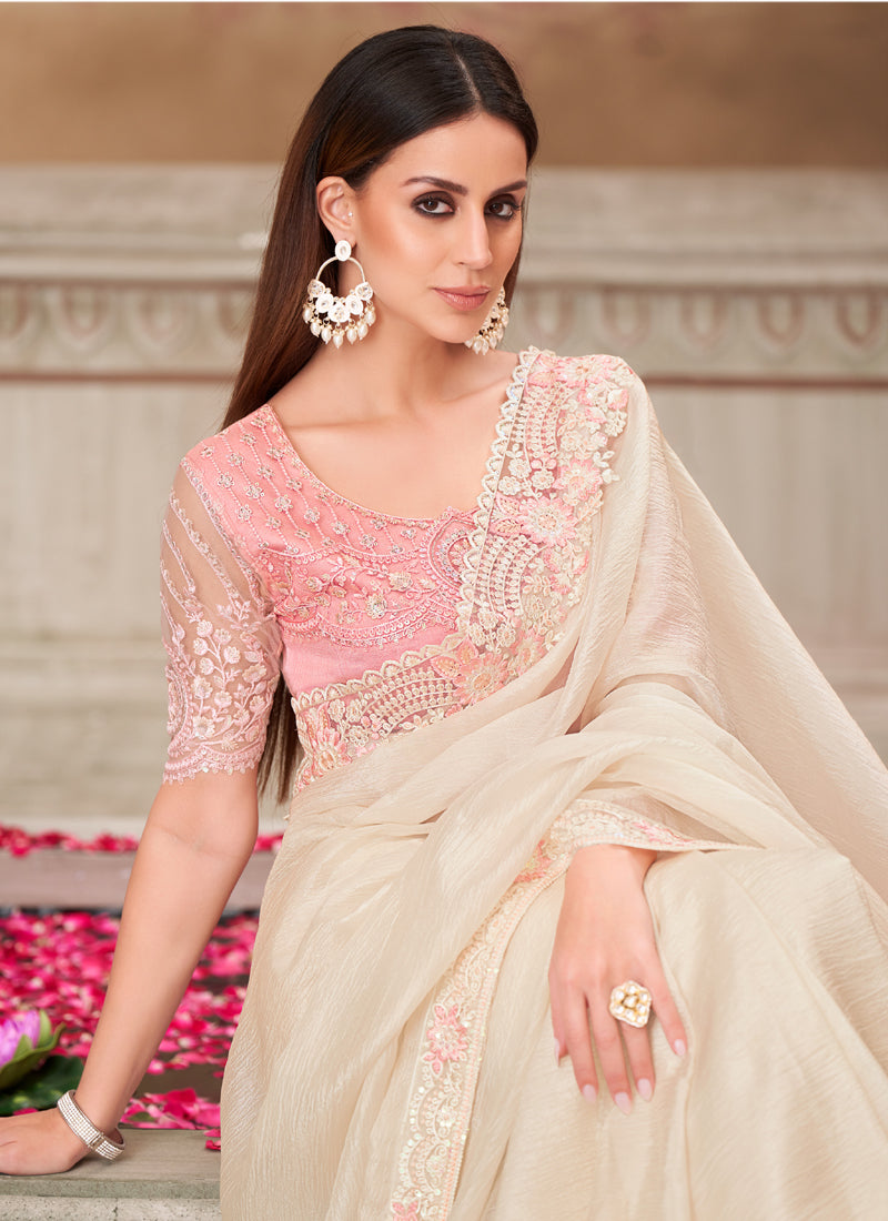 Vegaa Fashion Ivory Pink Embroidered Traditional Wedding Saree
