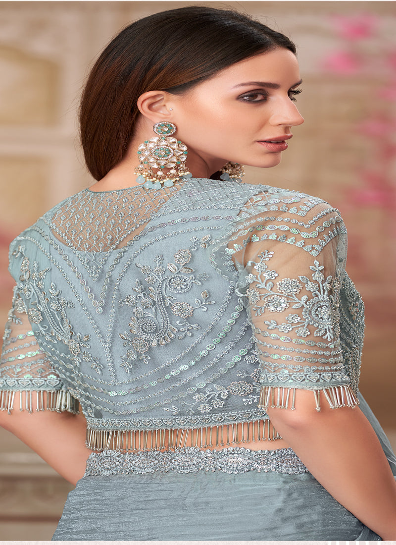 Silver Grey Embroidered Traditional Wedding Saree