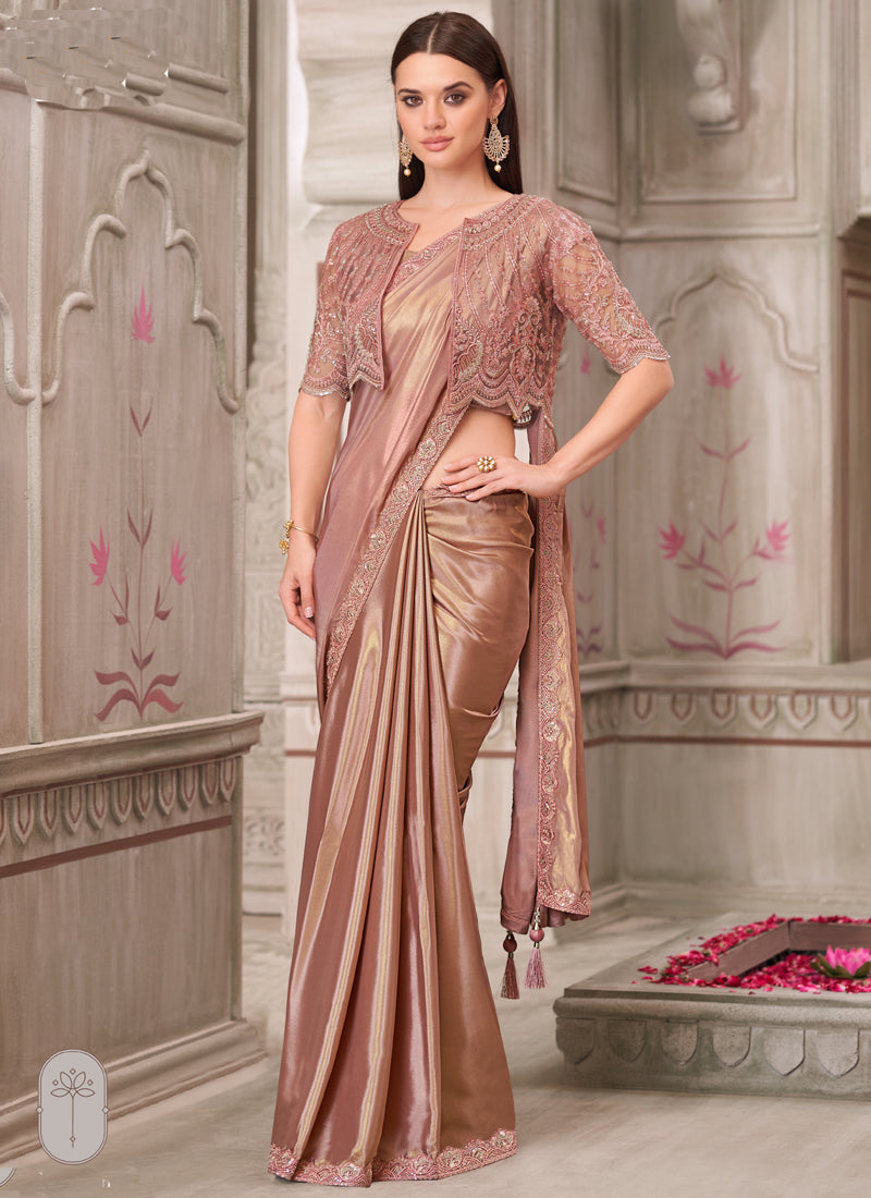 Rose gold traditional wedding saree with embroidery and unstitched blouse