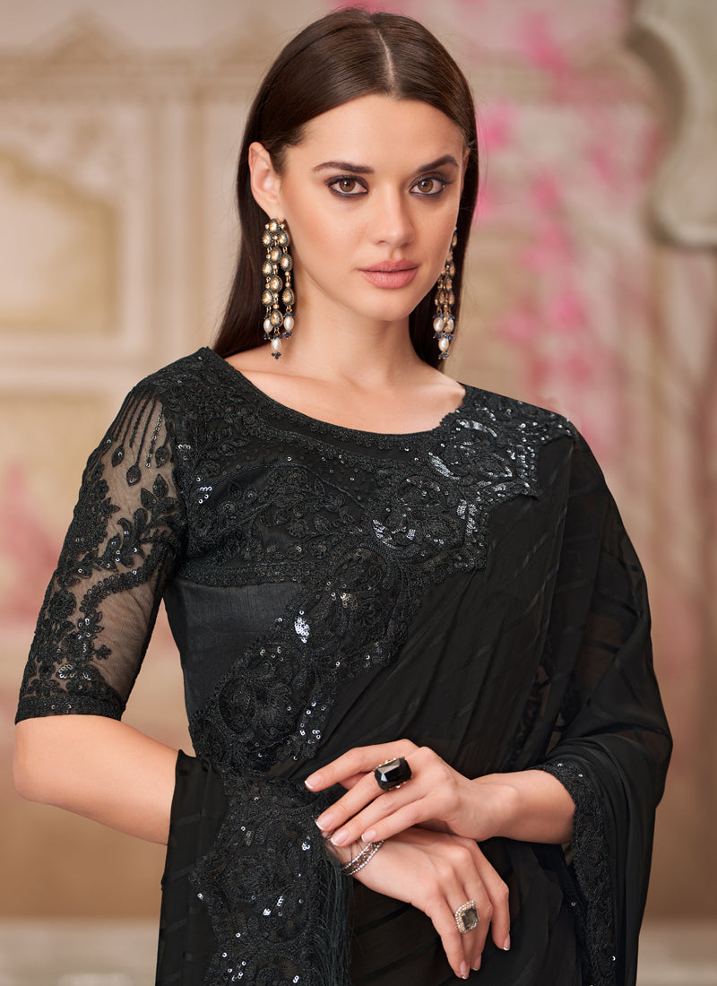 Black Sequin Embroidered Traditional Wedding Saree with Blouse