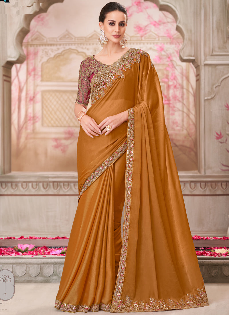 Golden Red Embroidered Traditional Wedding Saree for Women