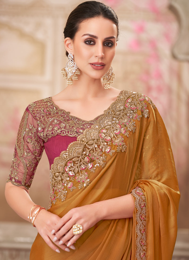 Golden Red Embroidered Traditional Wedding Saree for Women