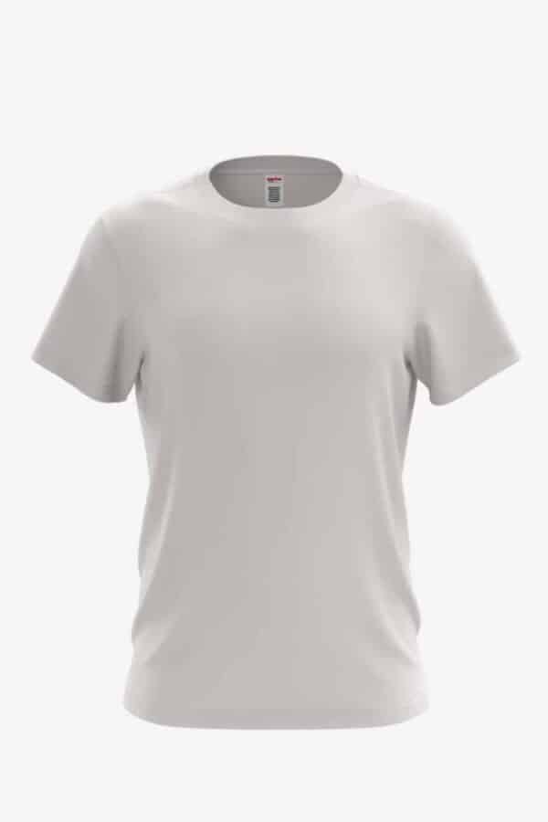 A blank, light-colored PFD ring-spun cotton crew neck t-shirt shown from front and back views.