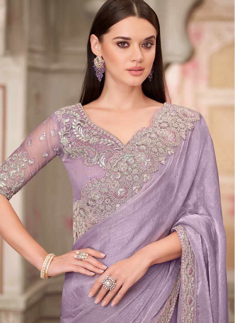 Lavender Embroidered Traditional Wedding Saree with Blouse