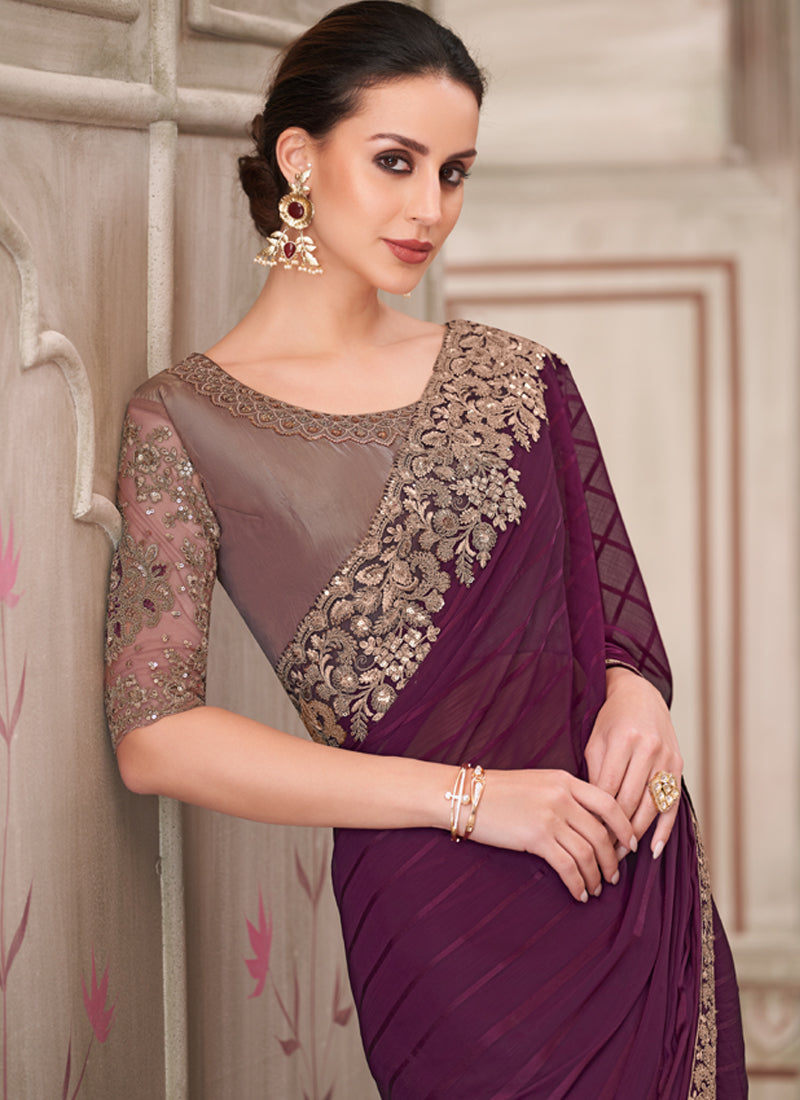 Wine Embroidered Traditional Wedding Saree with Unstitched Blouse