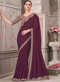 Wine colored embroidered traditional wedding saree with unstitched blouse