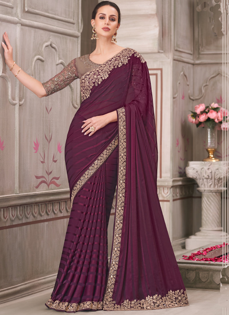 Wine colored embroidered traditional wedding saree with unstitched blouse