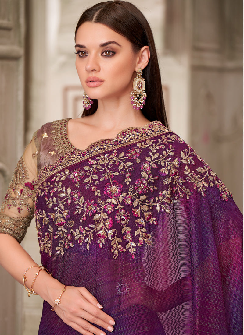 Purple Sequin Embroidered Traditional Wedding Saree