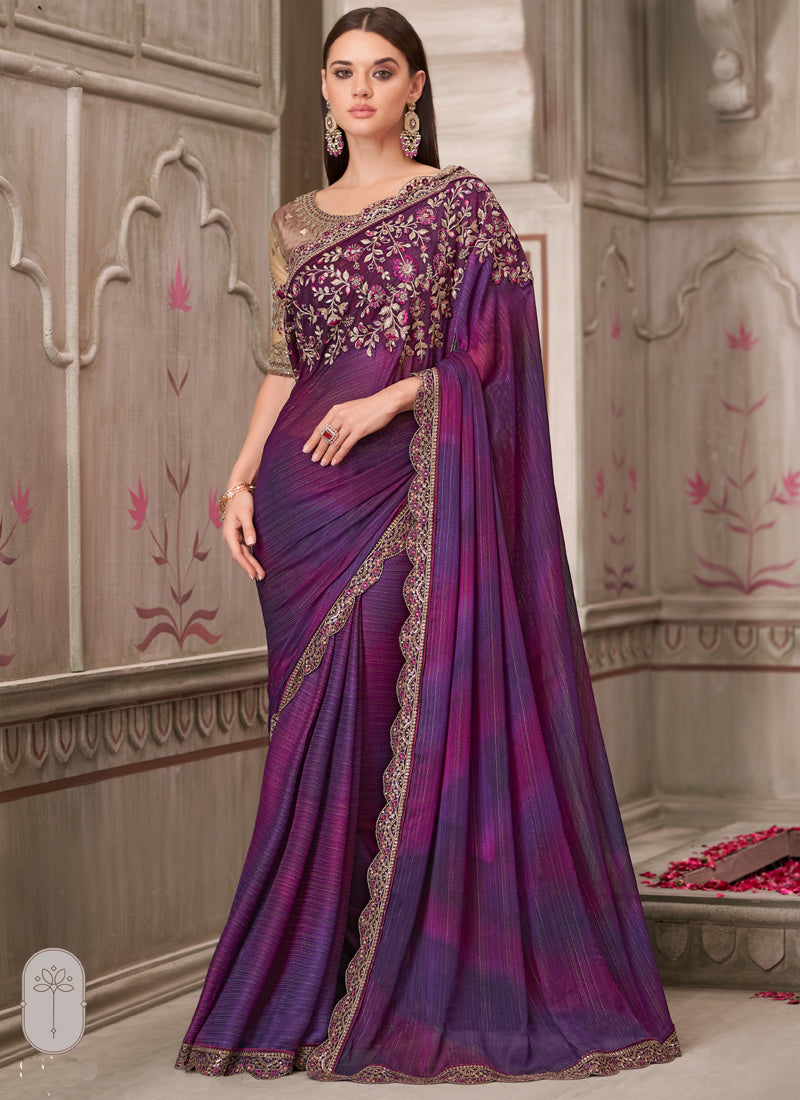 Purple saree featuring sequin embroidery for weddings with unstitched blouse