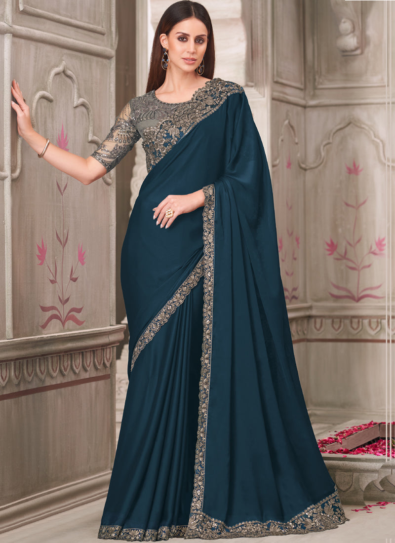 Vegaa Fashion Turquoise Embroidered Traditional Wedding Saree
