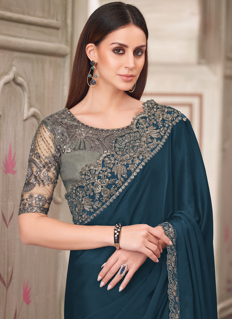 Rose Gold Embroidered Traditional Wedding Saree with Blouse Piece