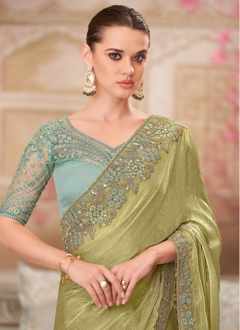 Green Sequin Embroidered Traditional Wedding Saree with Blouse