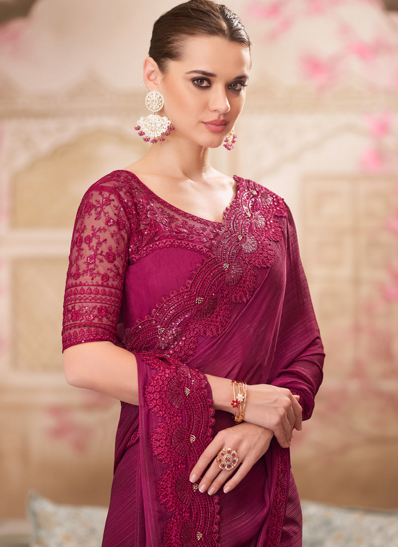 Magenta Pink Embroidered Traditional Wedding Saree