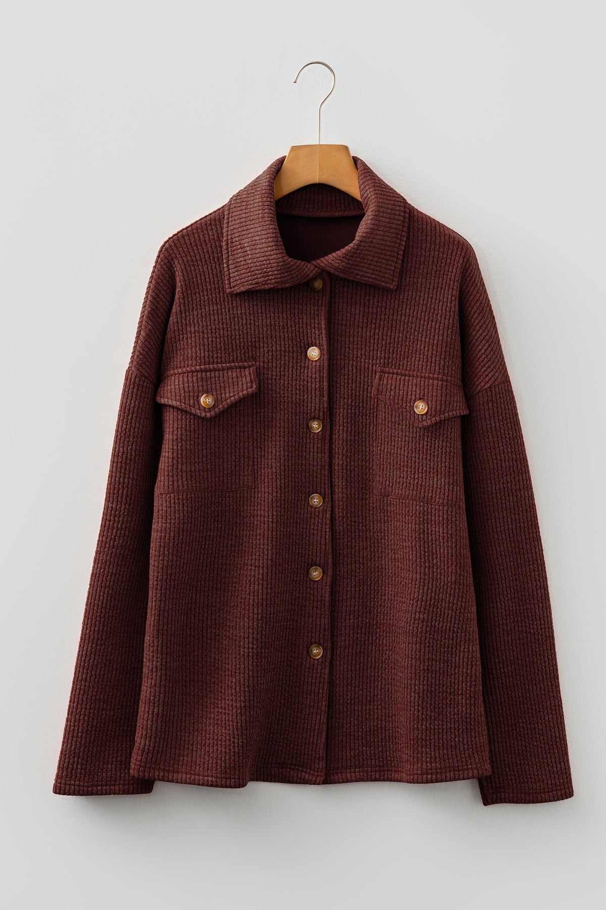 Ribbed Knit Flap Pocket Button-Up Shacket