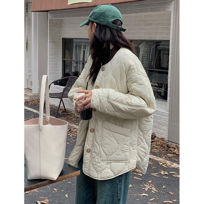 Women's Quilted Loose Single-Breasted Baseball Coat - Lilac & Cream - Image 5