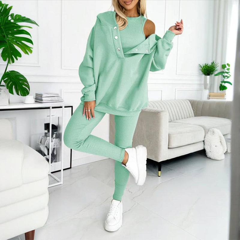 Women Solid Color Three Piece Set Hooded Sweatshirt Vest Pants - Image 10