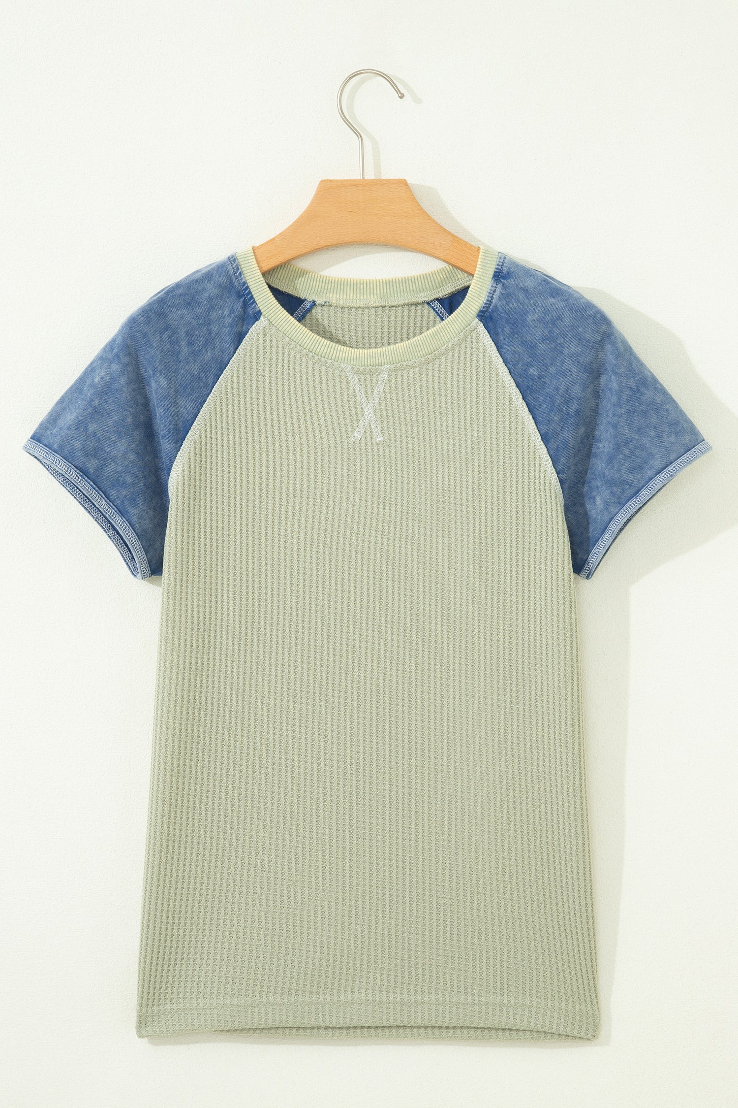 Carbon Grey Waffle Knit Color Block Patchwork Short Sleeve Top