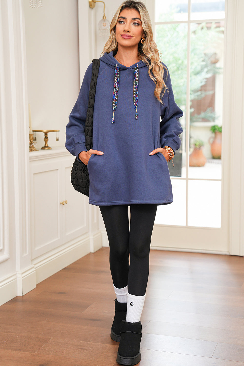 Raglan Sleeve Drawstring Hooded Tunic Sweatshirt