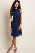 Navy Blue Chiffon High Neck Dress