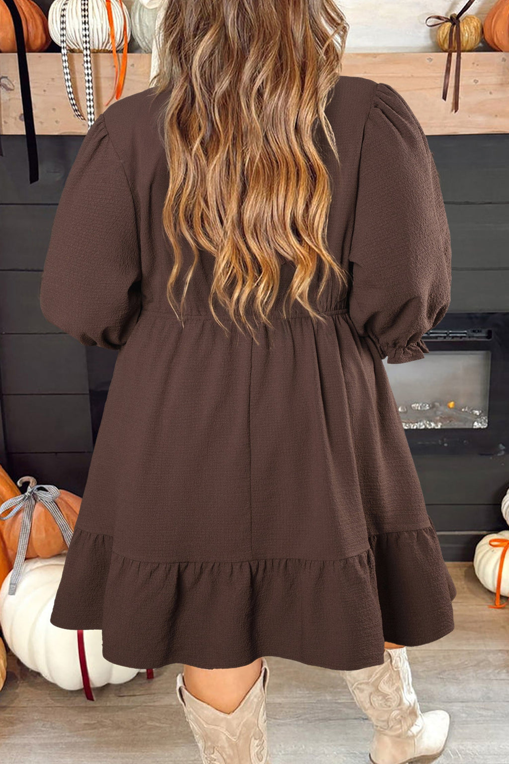 Plus Size Frilled Trim V-Neck Puff Sleeve Textured Dress