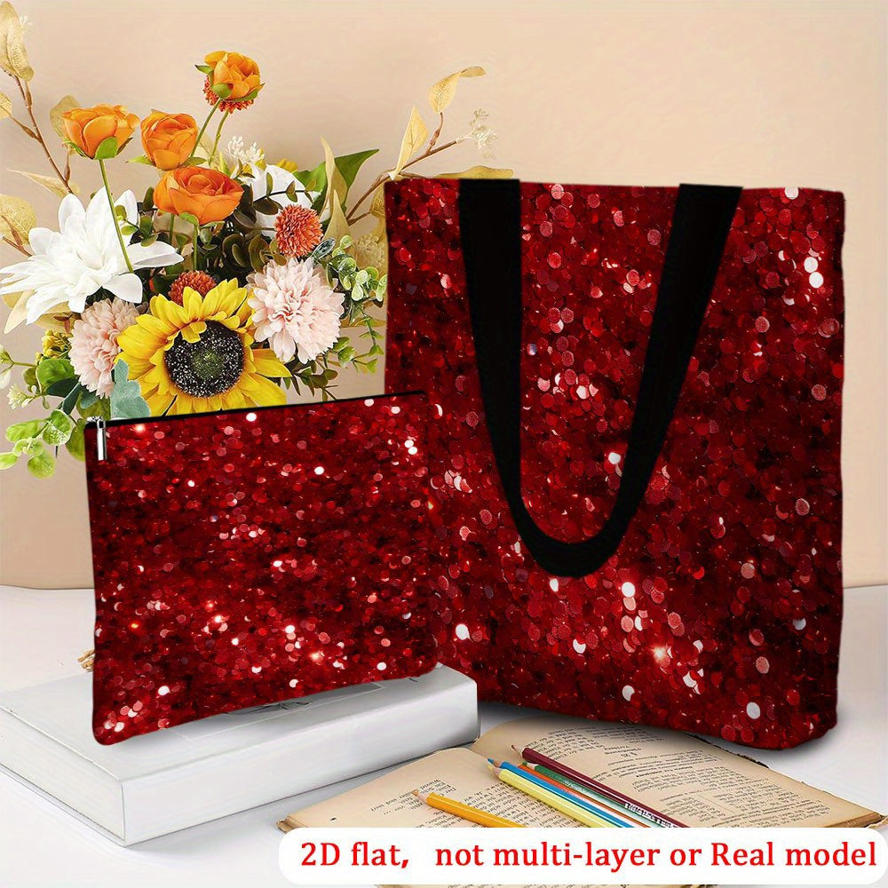 Red Glitter Tote  Makeup Bag Set