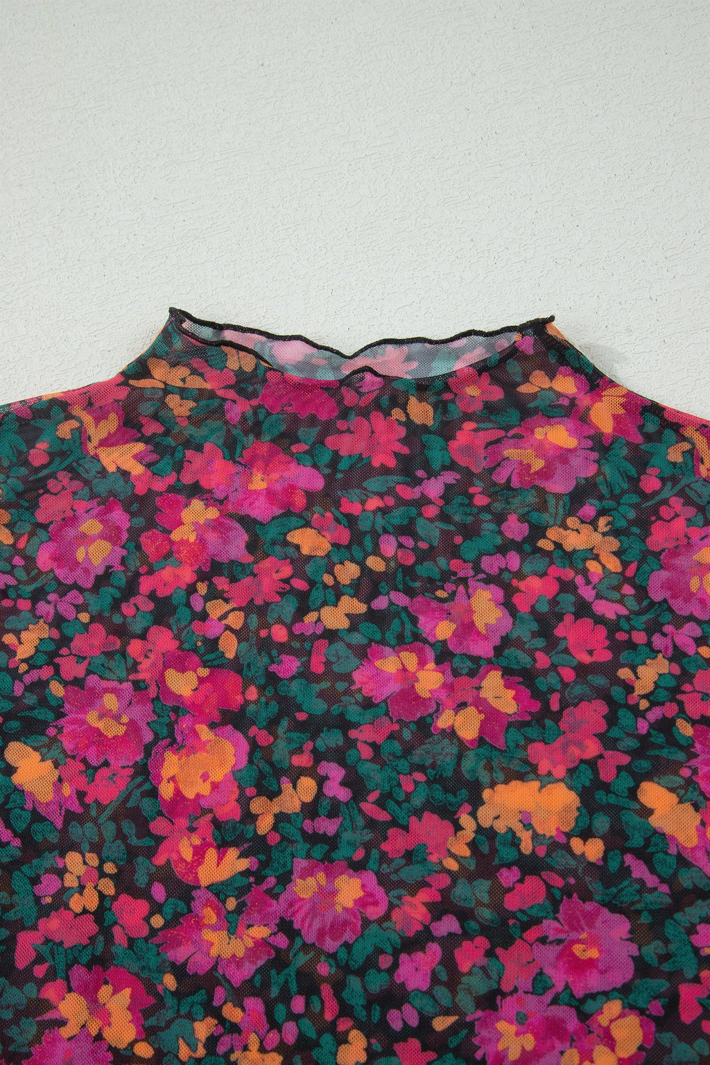 Floral Mesh Short Sleeve Top in Pink, Orange, Green, and Black