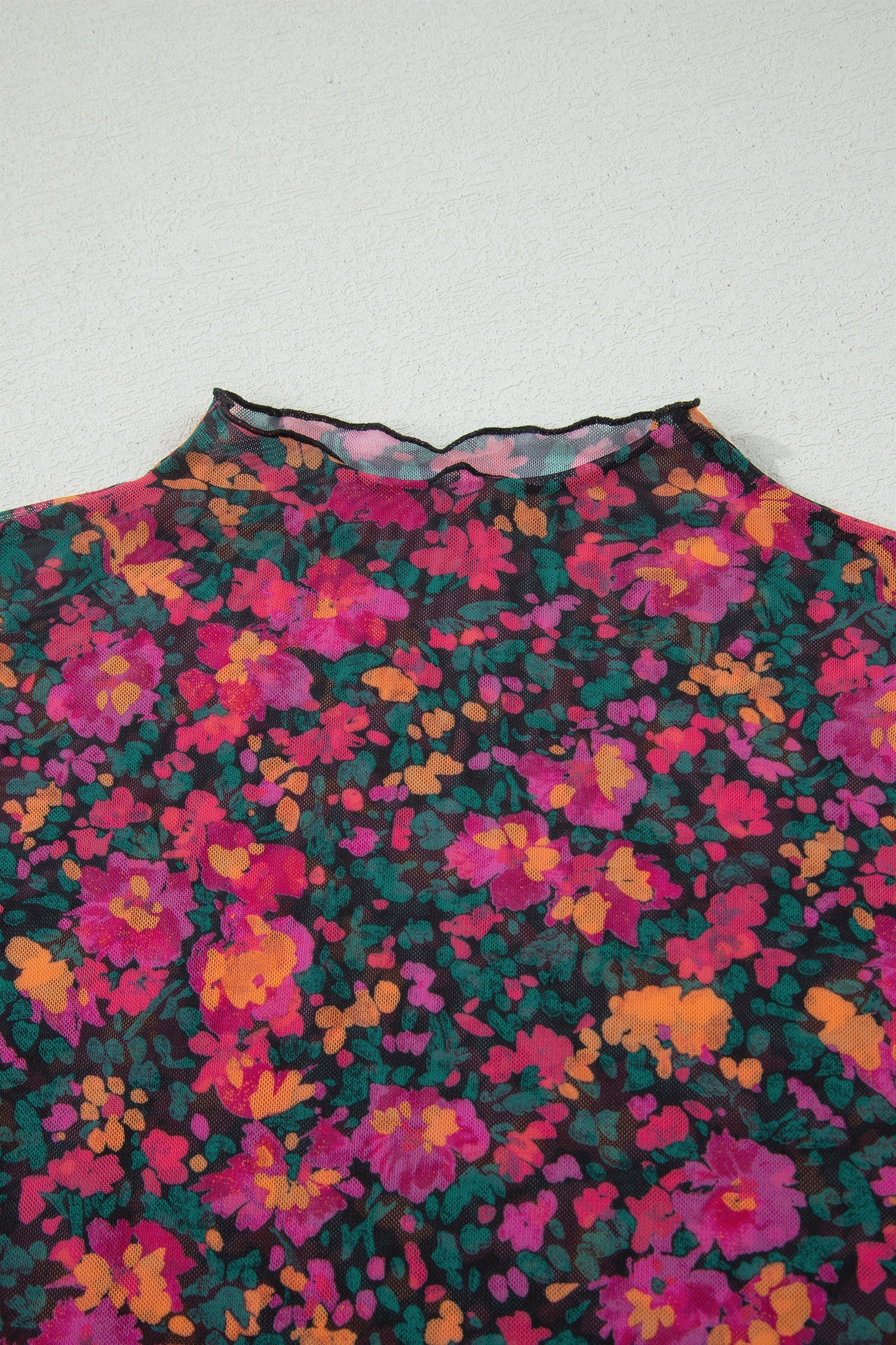 Floral Mesh Short Sleeve Top in Pink, Orange, Green, and Black