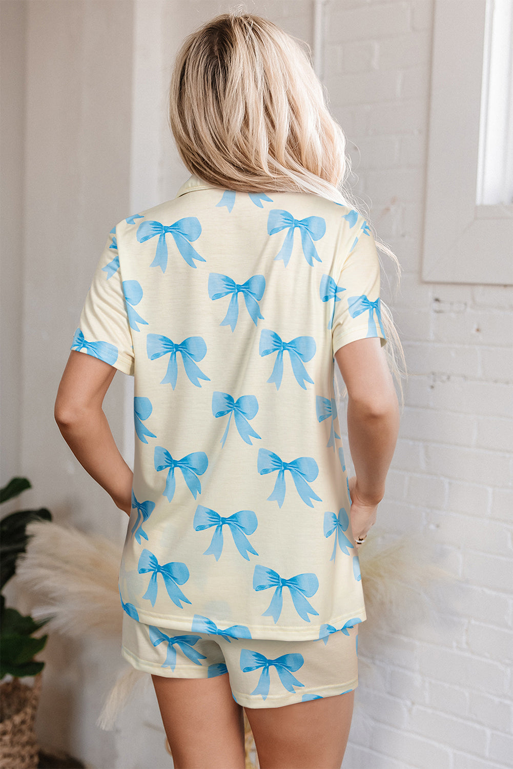 Yellow Bowknot Print Short Sleeve Loungewear Set