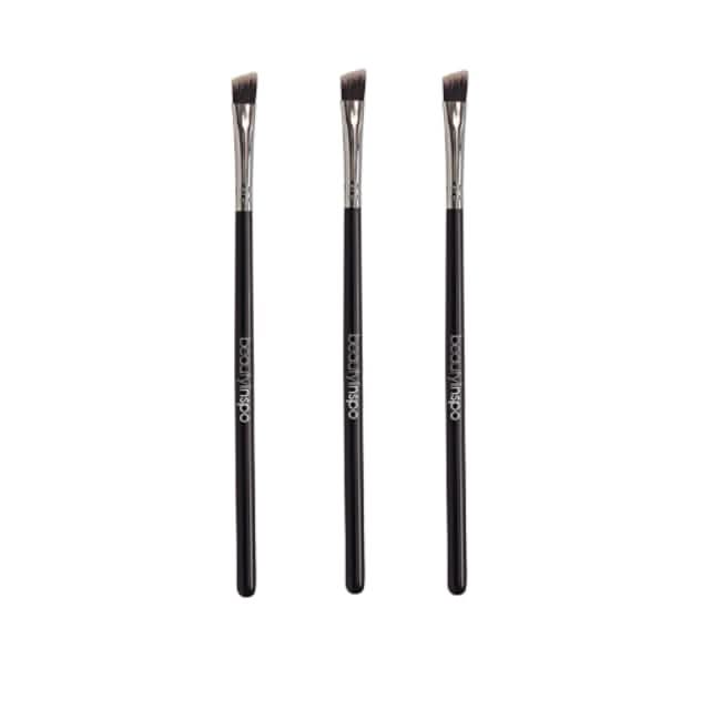 Pack of 3 professional black and silver angled eyeliner brushes for precise eye and brow makeup application.