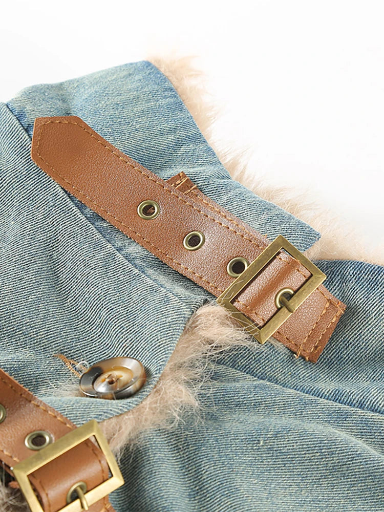 Women's Harajuku Plush-Lined Denim Coat with Buckle Details - Image 3