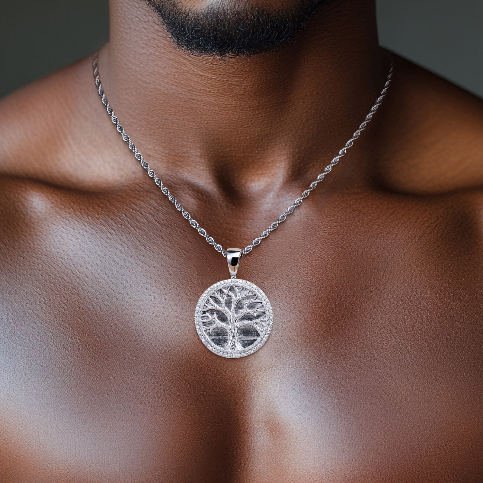 Moissanite Tree of Life Hip-Hop Pendant Necklace in K White